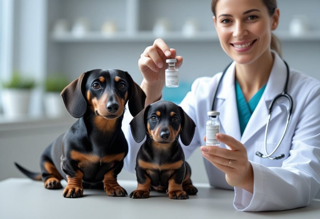 Dachshund puppy with adult dog beside vet holding vaccine vial.