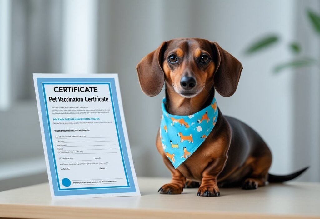 Proud Dachshund sitting next to pet vaccination certificate.