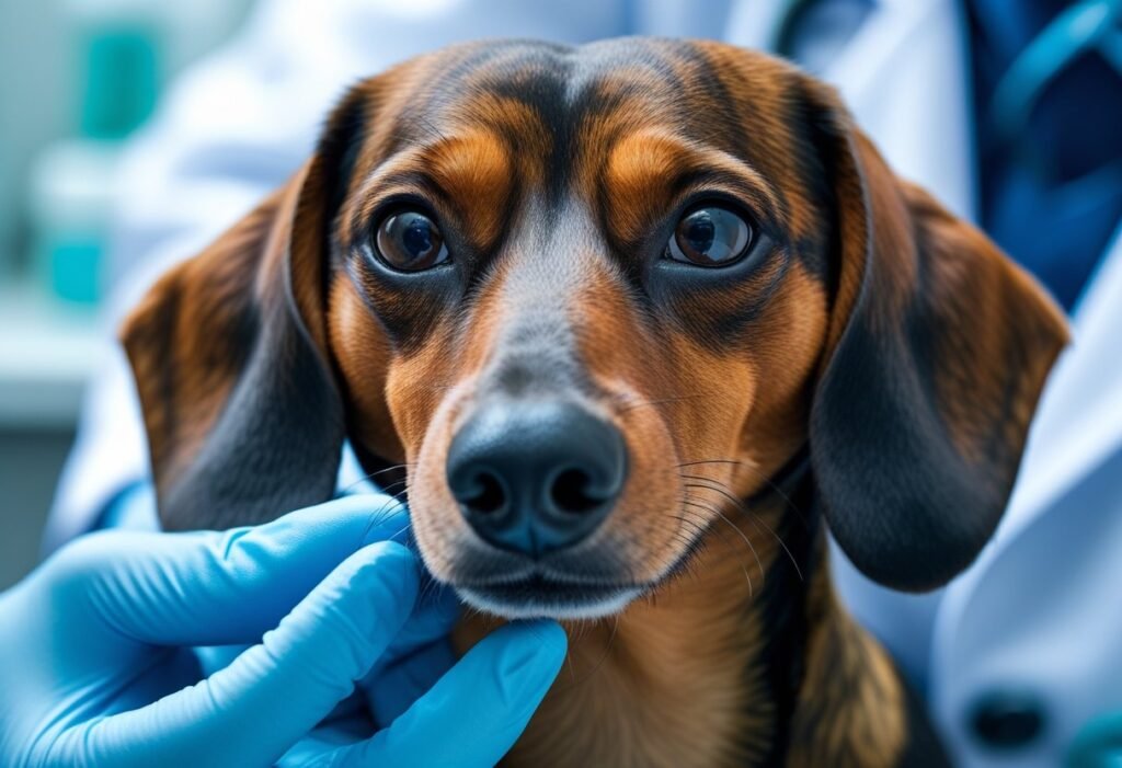 Close-up of Dachshund face as vet comforts dog before vaccine.