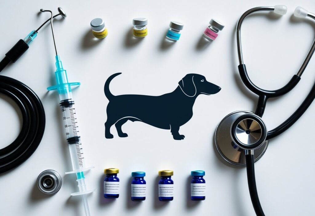 Veterinary vaccination tools with Dachshund silhouette for health care.
