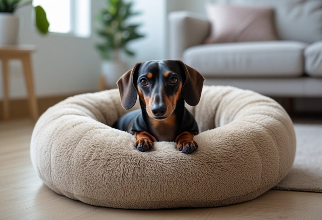 Short-haired Dachshund digging into plush donut bed indoors for comfort