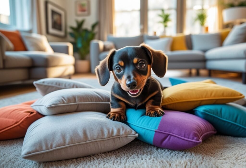 Dachshund puppy burrowing playfully in pillows inside living room