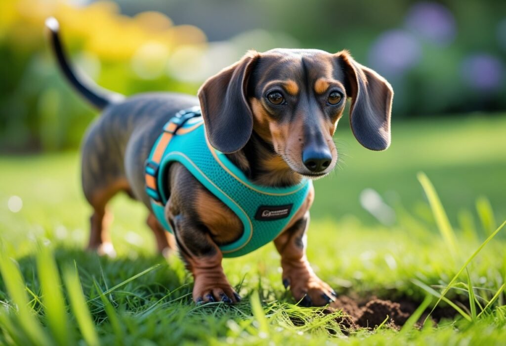 Dachshund digging in grass outdoors while wearing harness – instinct management