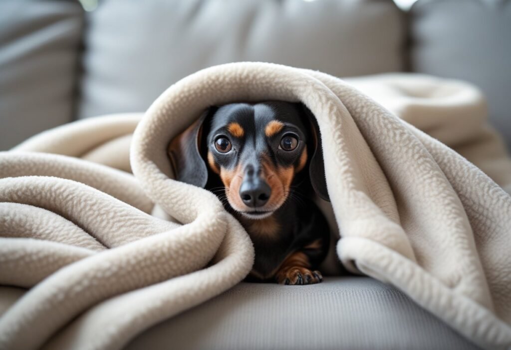 Mini Dachshund peeking out from under fleece blankets – natural burrow instinct