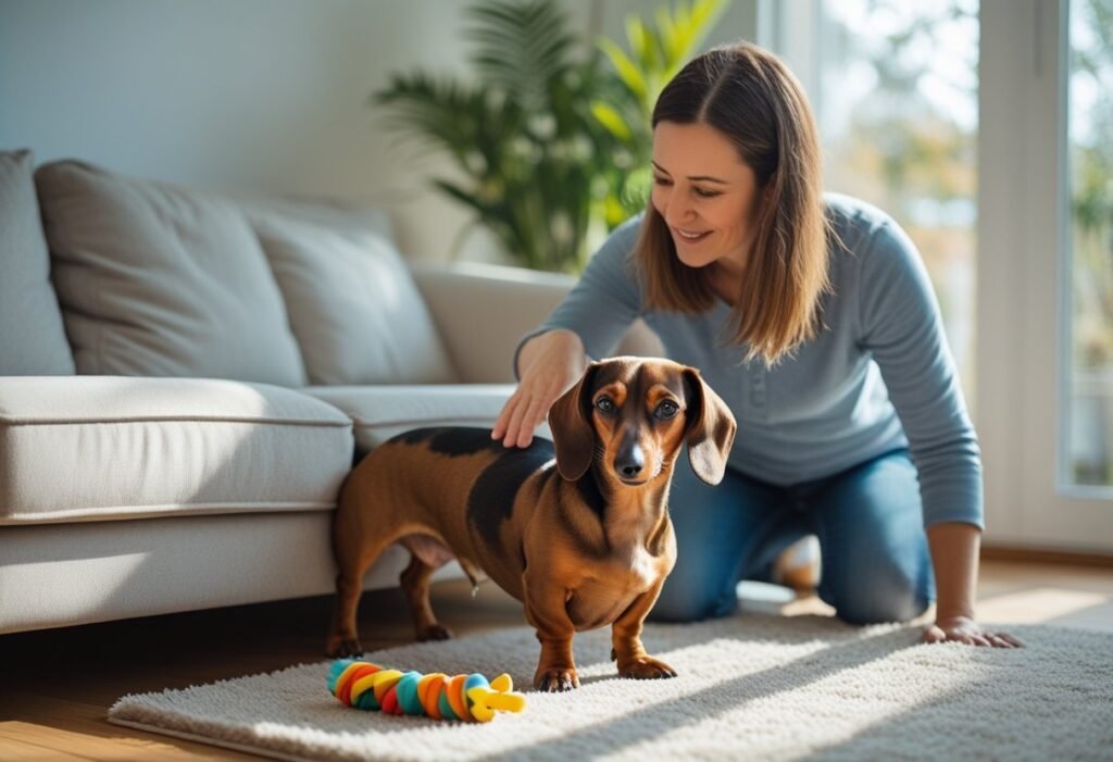 Owner redirecting Dachshund digging behavior with chew toy indoors