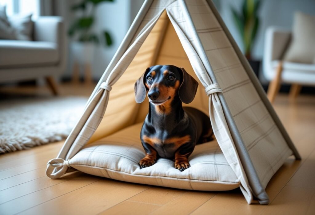 Dachshund inside indoor teepee dog tent as burrow-style resting spot