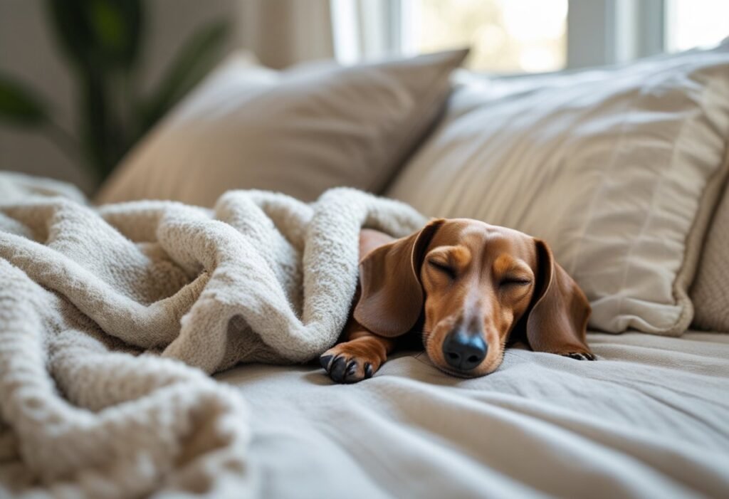 Happy Dachshund napping under throw blanket on bed – safe burrow habit