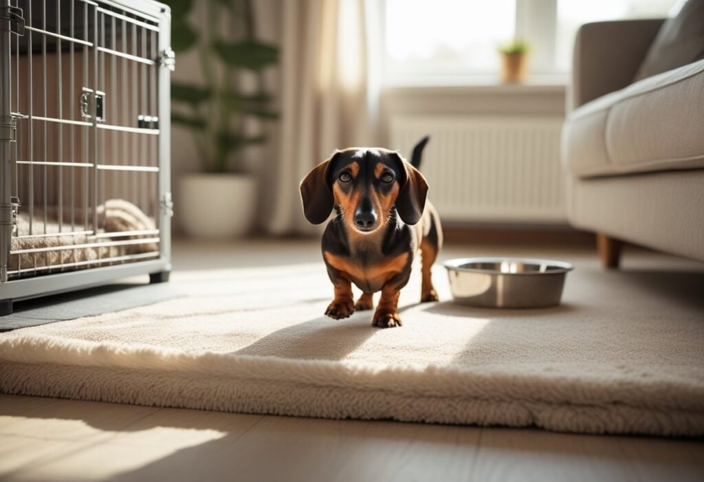Rescuing a Dachshund arriving home to a cozy safe zone with crate, blanket, and water bowl