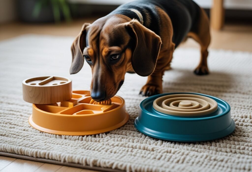 Enrichment time after rescuing a Dachshund: puzzle feeder and snuffle mat focus