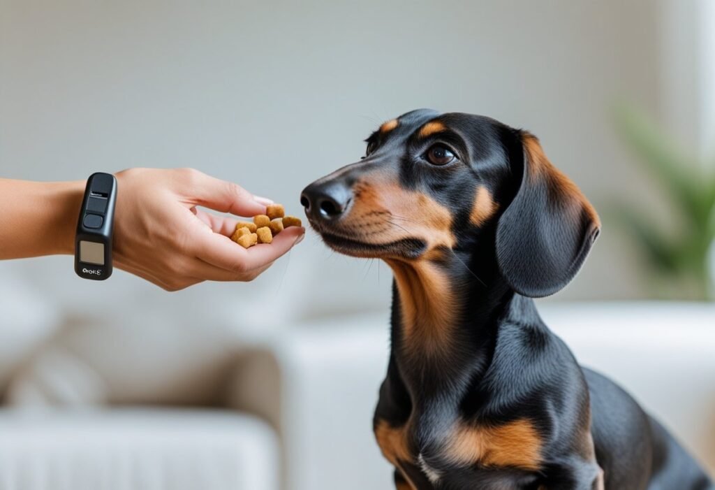 Positive reinforcement while rescuing a Dachshund: treat reward as the dog offers a sit