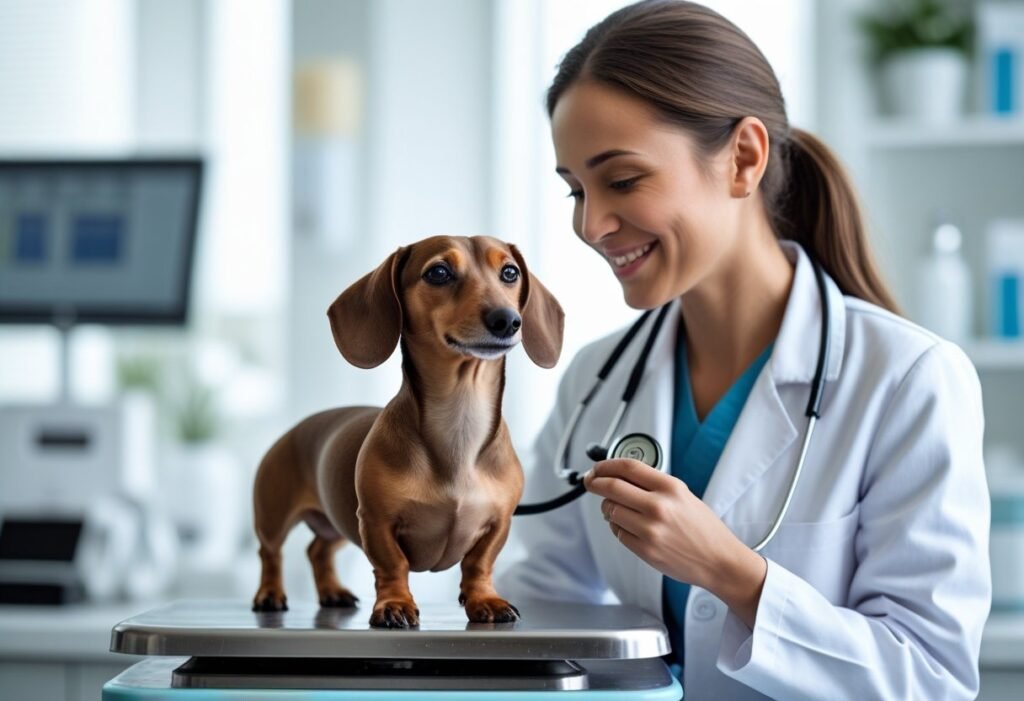 Vet check during rescuing a Dachshund journey: calm dog on exam table with stethoscope