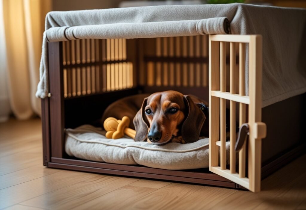 Crate decompression for rescuing a Dachshund: covered crate, open door, comfy bed inside