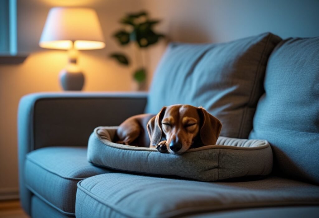 Peaceful evening after rescuing a Dachshund: doxie asleep on bed beside the owner’s sofa