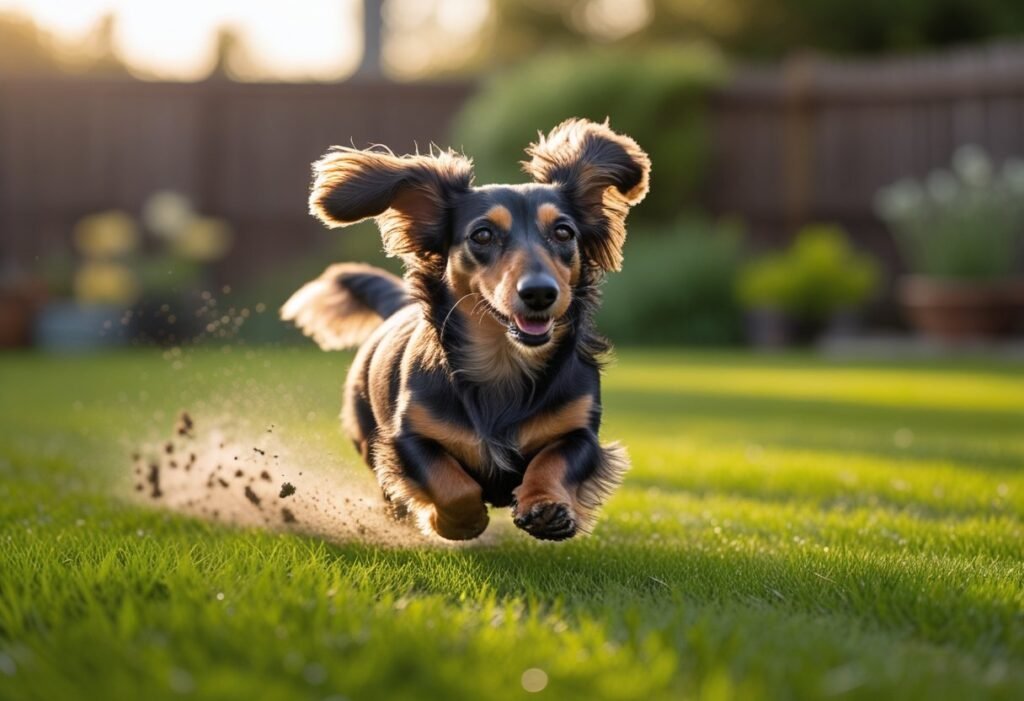 Long-haired doxie doing Dachshund zoomies across a backyard at golden hour, ears flying and grass kicking up.
