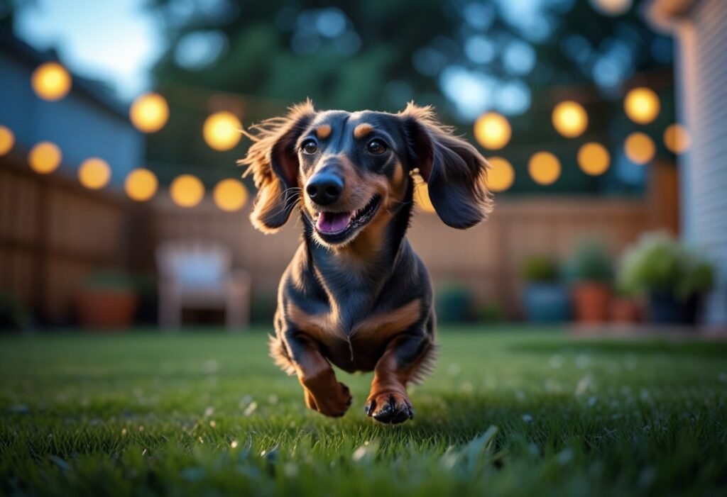 Backyard evening Dachshund zoomies under warm patio lights, playful grin mid-turn on softly blurred grass.