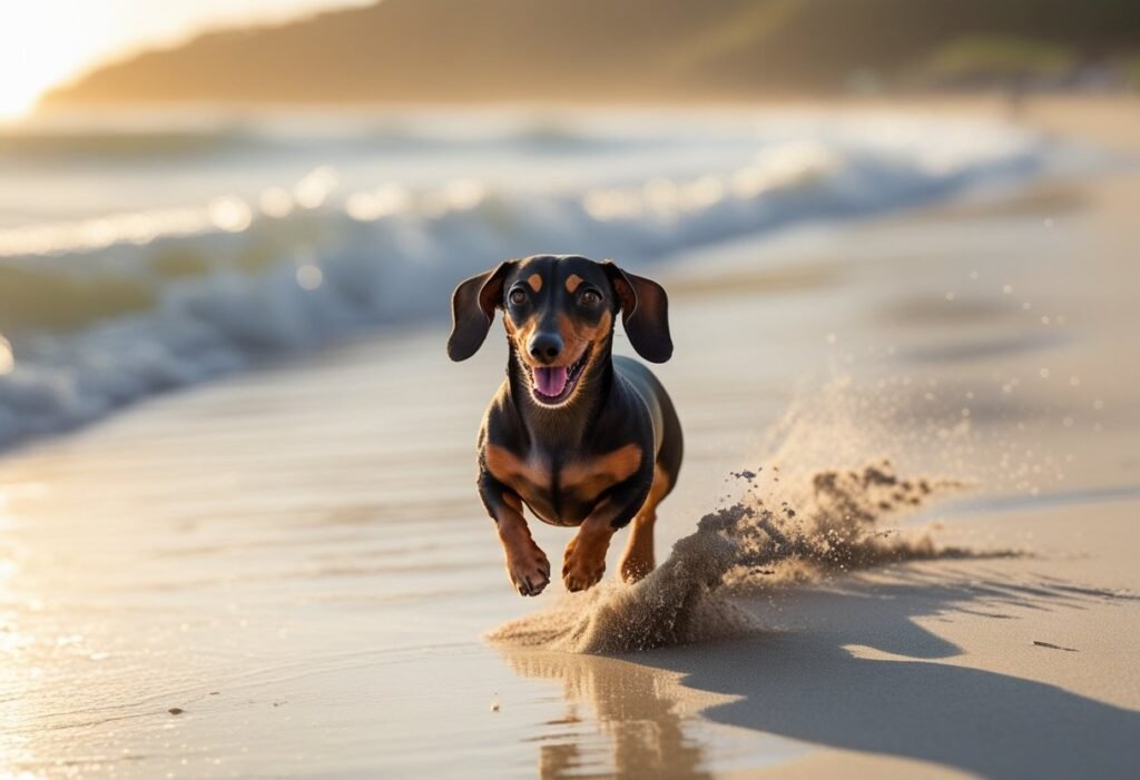 Beach run showing Dachshund zoomies along wet sand at sunrise, tiny spray behind paws and gentle surf.