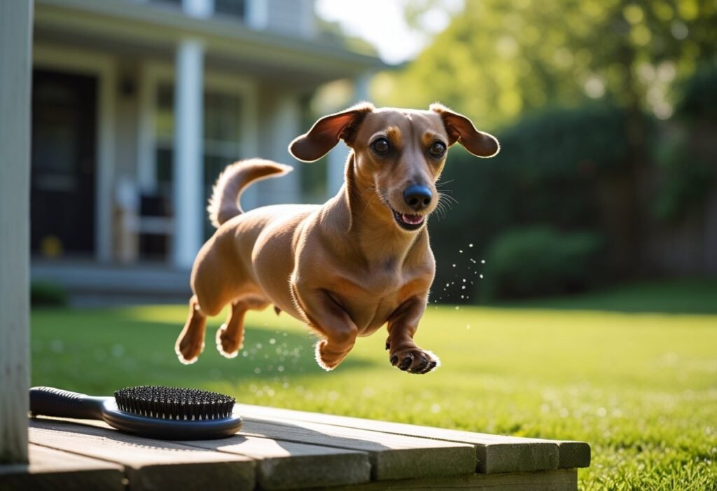 After-grooming sparkle: sleek doxie tears across the yard in Dachshund zoomies, brush resting on the porch.