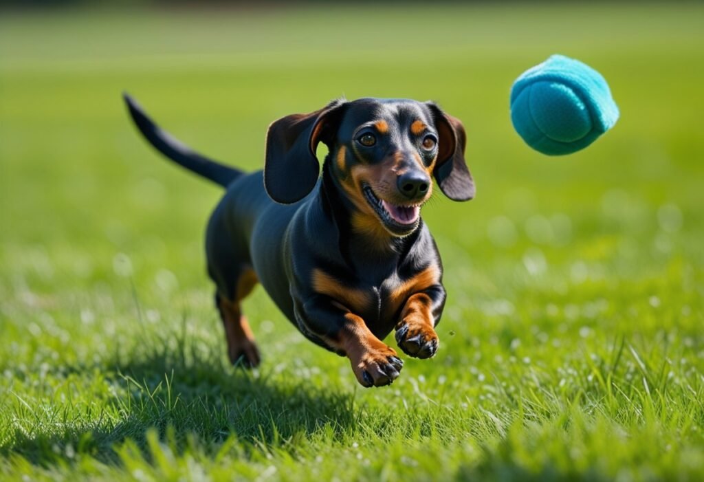 Park trigger moment: doxie darts after a soft toy and breaks into Dachshund zoomies across the grass.