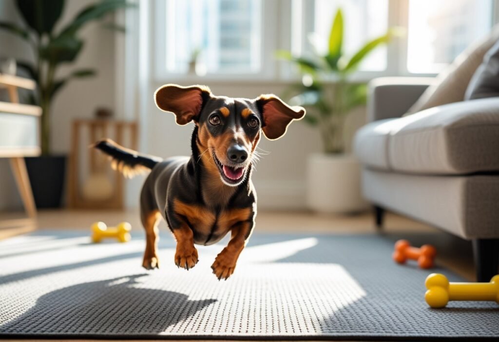 Apartment scene with non-slip rug as a doxie races in Dachshund zoomies, toys neatly cleared to the side.