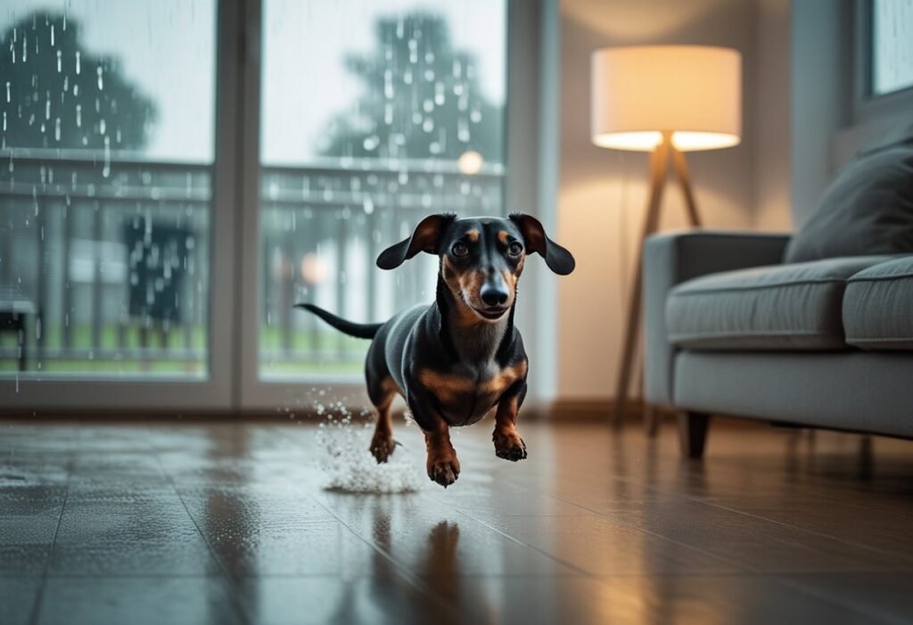 Rainy day cabin fever: doxie races loops by a window in Dachshund zoomies, cozy lamp glow in background.