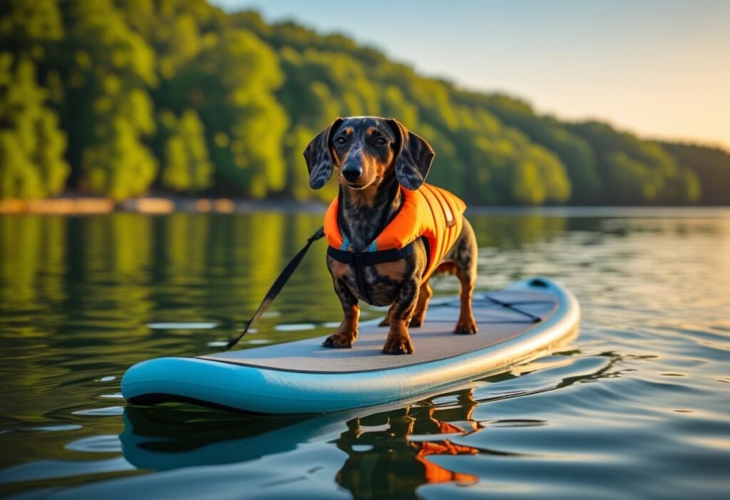 Dachshund friendly vacations: dapple Dachshund in a life jacket on a paddle board on a calm lake.