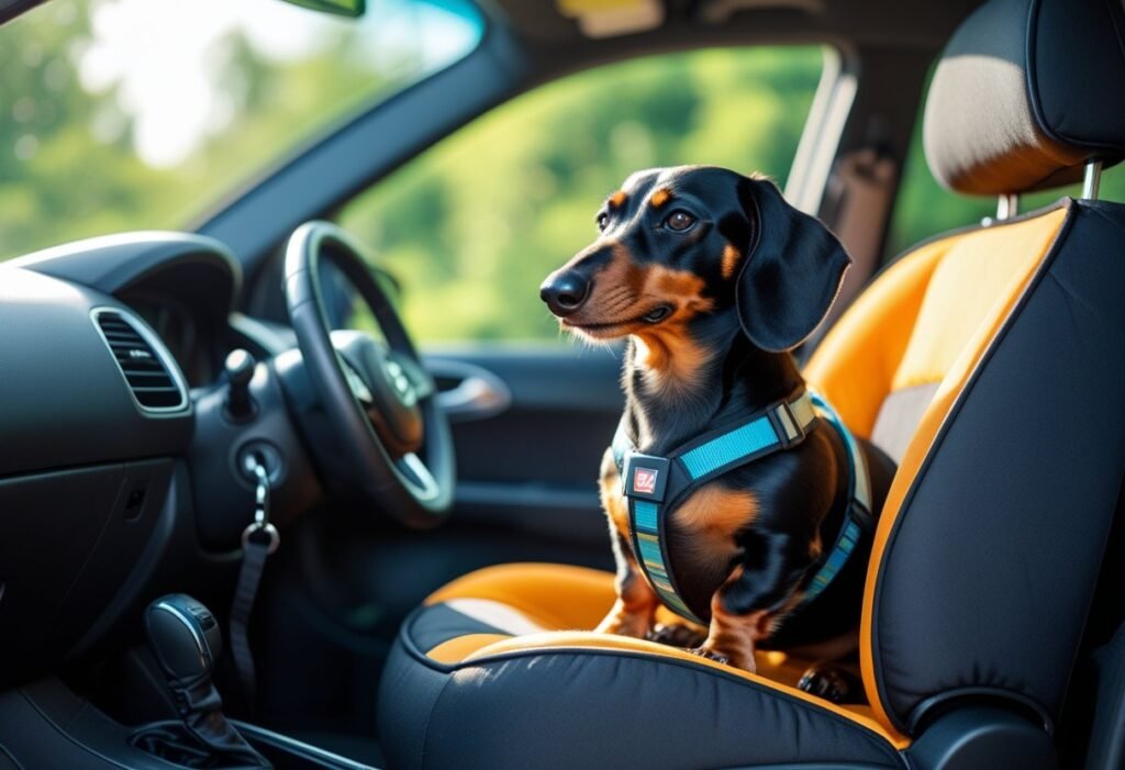 Dachshund friendly vacations: black-and-tan Dachshund in a car booster seat with a seat-belt harness.