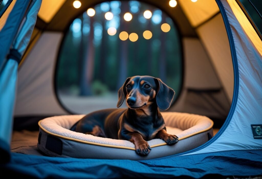 Dachshund curled in a travel dog bed in a tent doorway at a campsite with string lights at dusk.