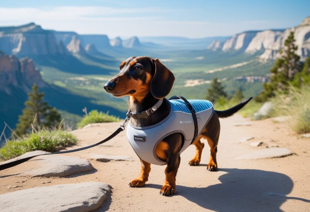 Dachshund on a scenic trail wearing a cooling vest, on leash, wide national park vista ahead.