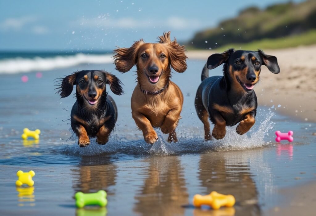 Smooth, long, and wire-haired Dachshunds running on a dog-friendly beach, splashing by toys.