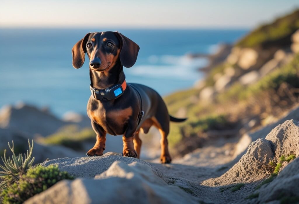 Dachshund hiking a rocky coastal trail wearing a GPS tracker, ocean backdrop, morning light.