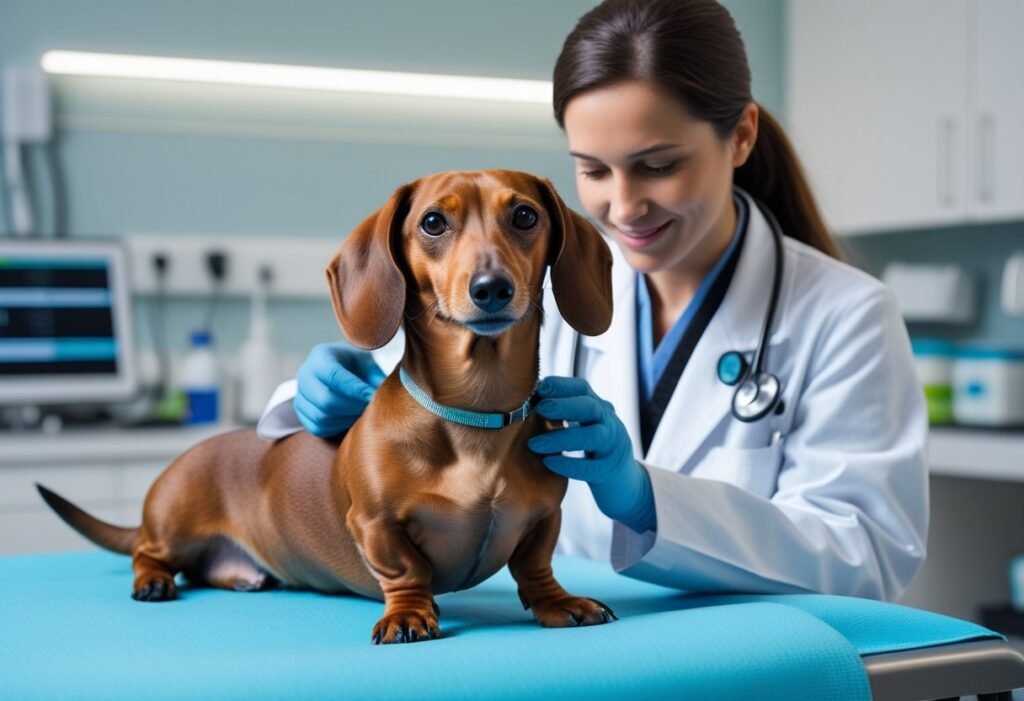 Dachshund being checked on a vet table for routine care and insurance protection.