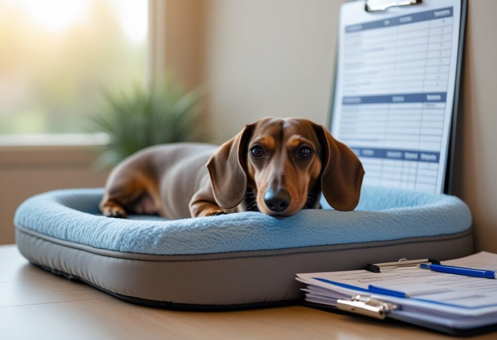 Dachshund resting on orthopedic bed with vet bills and insurance paperwork.