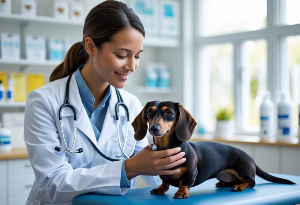 Vet listening to Dachshund’s heartbeat during an exam for insurance coverage.