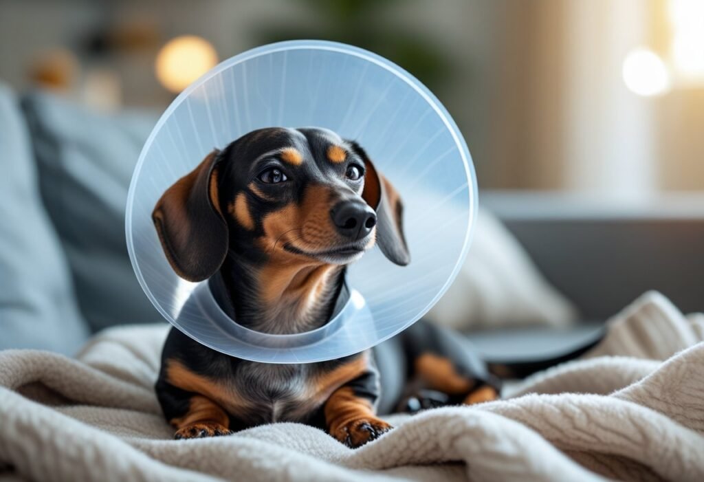 Dachshund wearing recovery cone after surgery, covered by pet insurance.