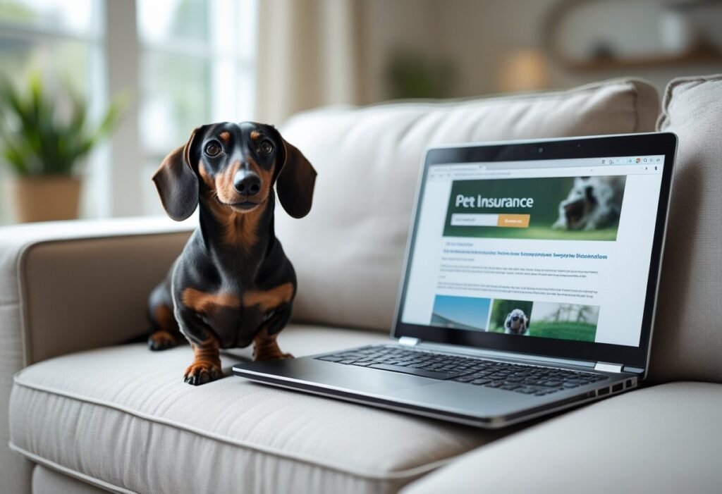 Dachshund near laptop with pet insurance info, symbolizing online coverage.