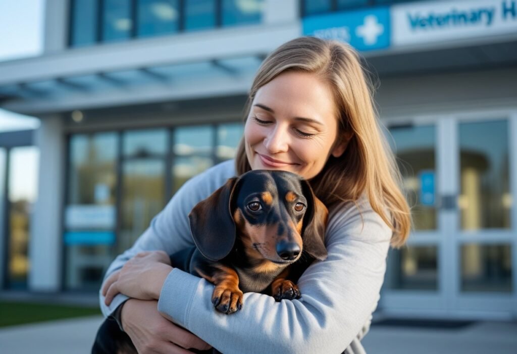 Owner hugging Dachshund outside vet hospital after using insurance plan.