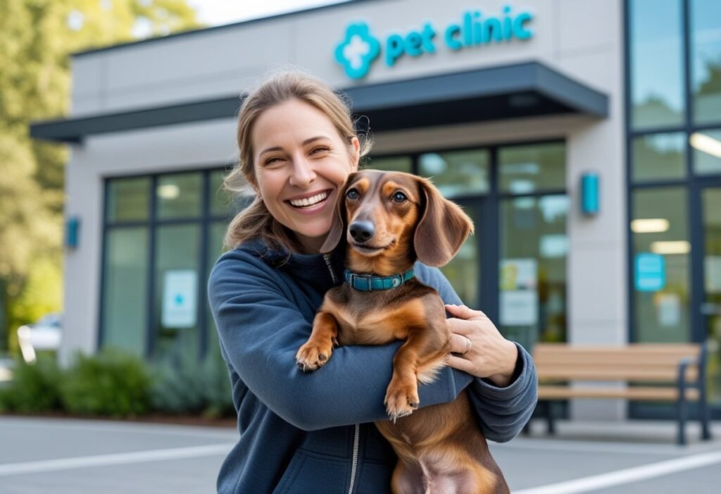 Dachshund owner hugging their dog outside clinic after successful Dachshund microchipping.