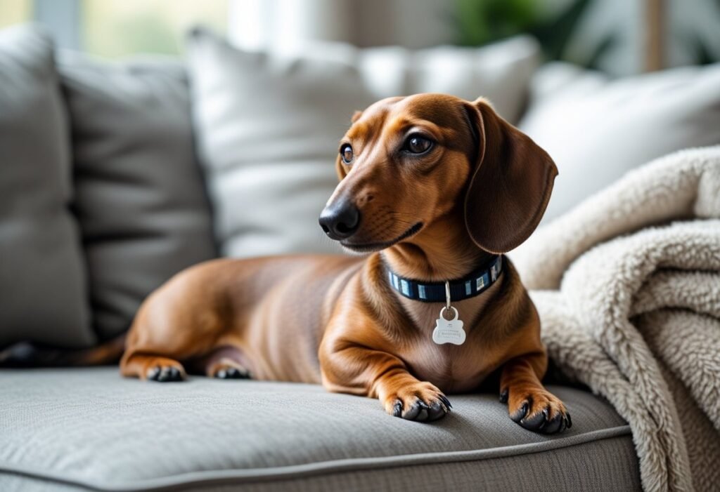 Cozy Dachshund on sofa with collar tag visible, showing the benefit of Dachshund microchipping.