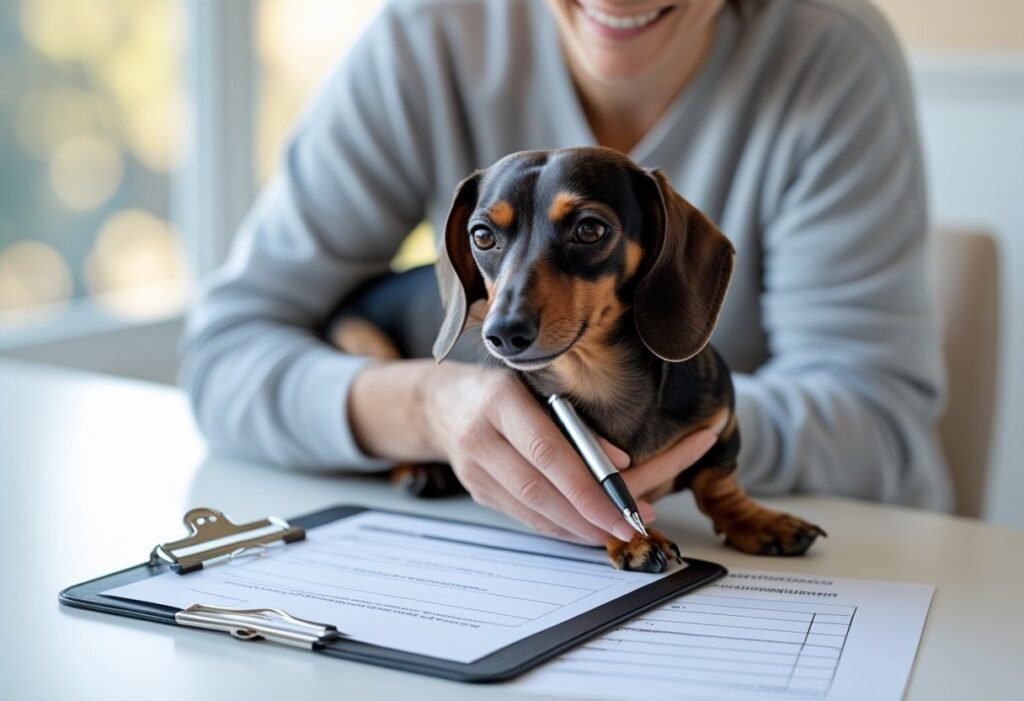 Owner holding Dachshund while signing registration paperwork after Dachshund microchipping.