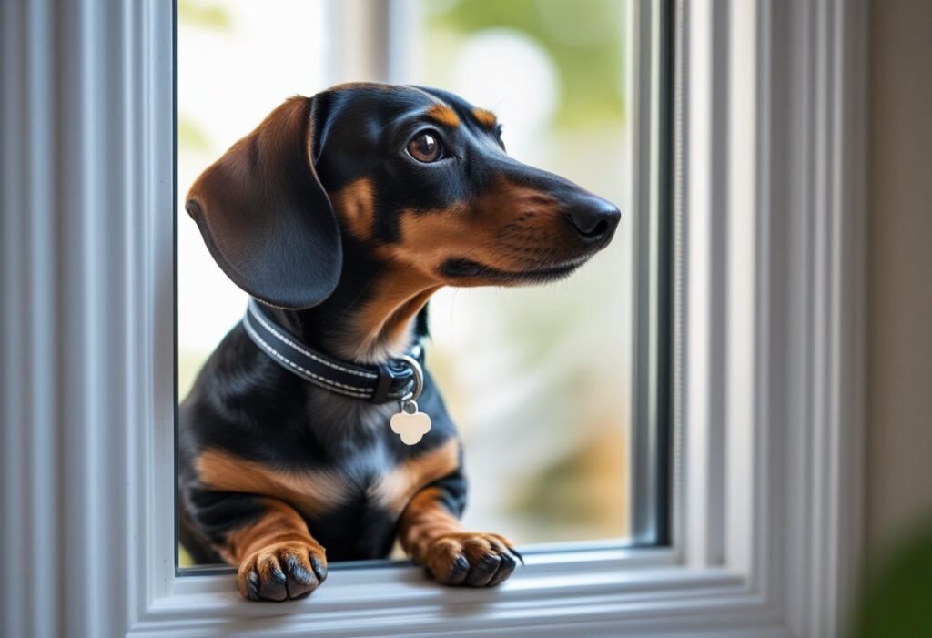 Dachshund looking out window with collar tag visible after Dachshund microchipping for safety.
