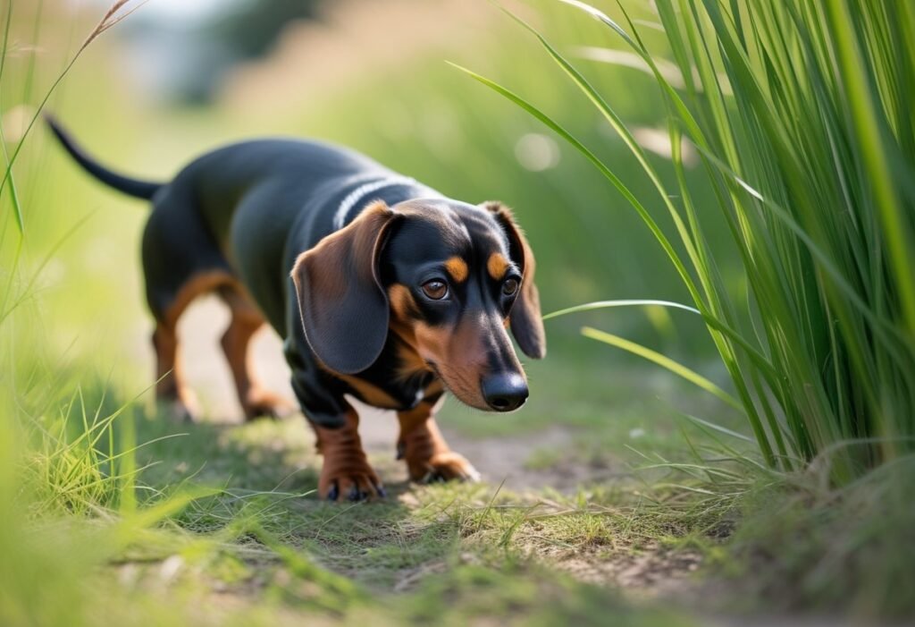 Dachshund sniffing the ground in tall grass for nose work training.