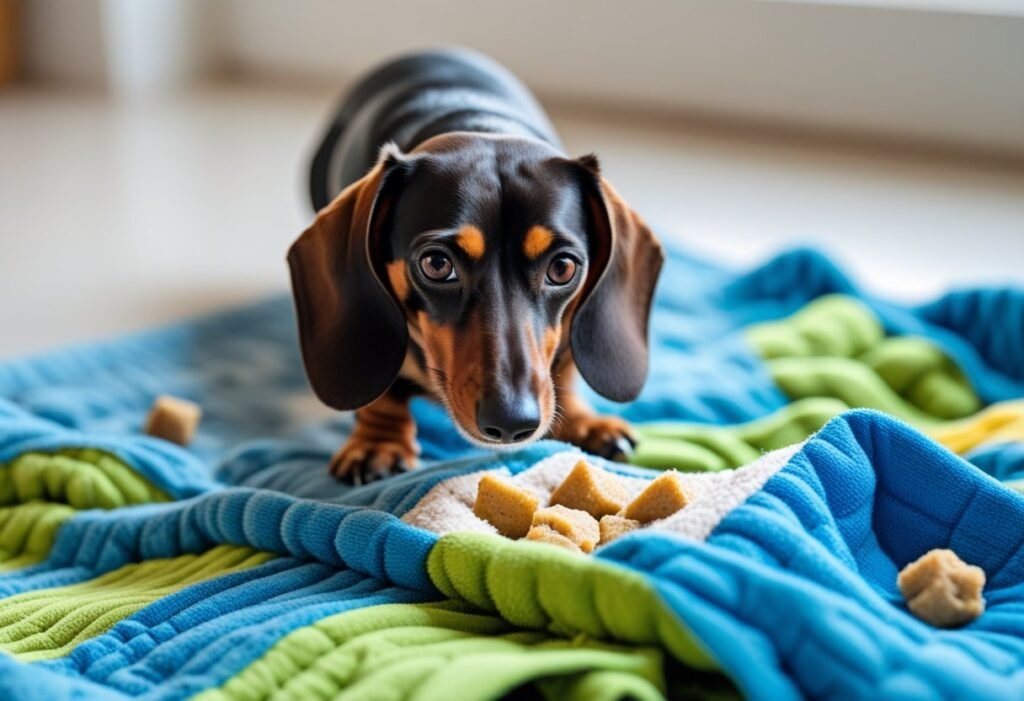 Dachshund searching treats hidden in a snuffle mat for mental stimulation.