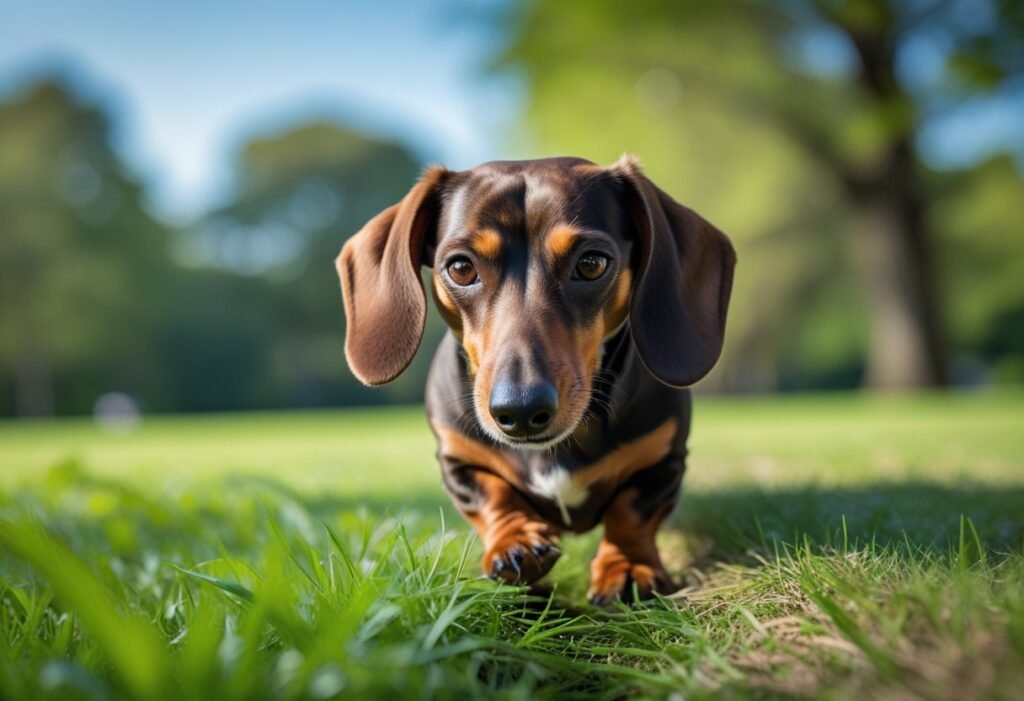 Dachshund following a scent trail outdoors during nose work play.