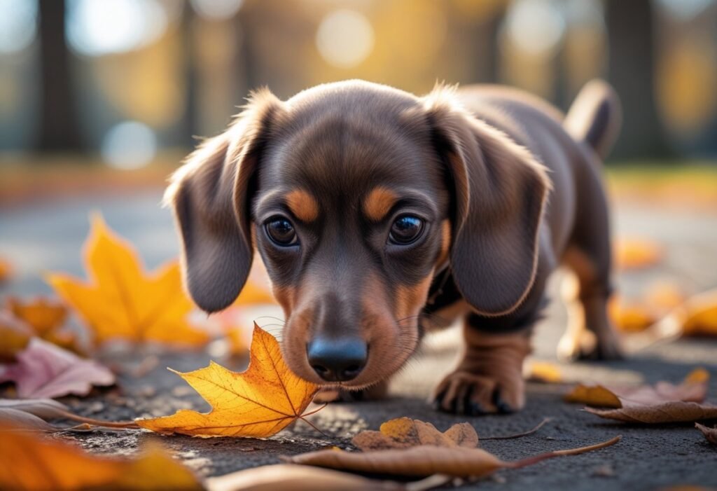 Curious Dachshund puppy sniffing leaves to explore with its nose.