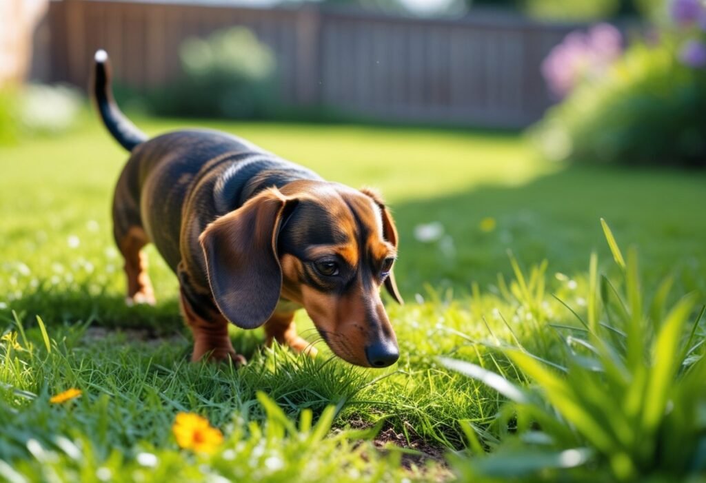 Dachshund investigating backyard scents with nose close to ground.