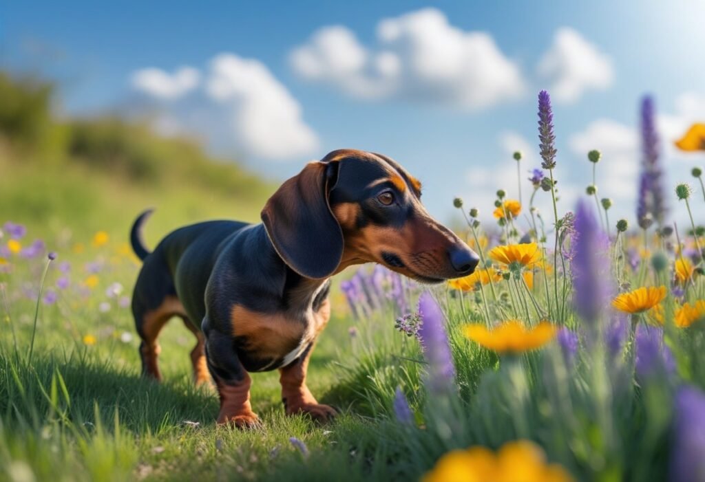 Dachshund sniffing wildflowers in a grassy field for mental enrichment.
