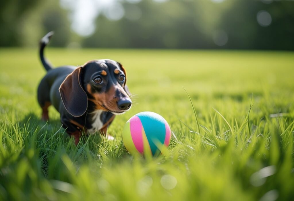 Dachshund using nose to find a hidden ball in the grass during play.