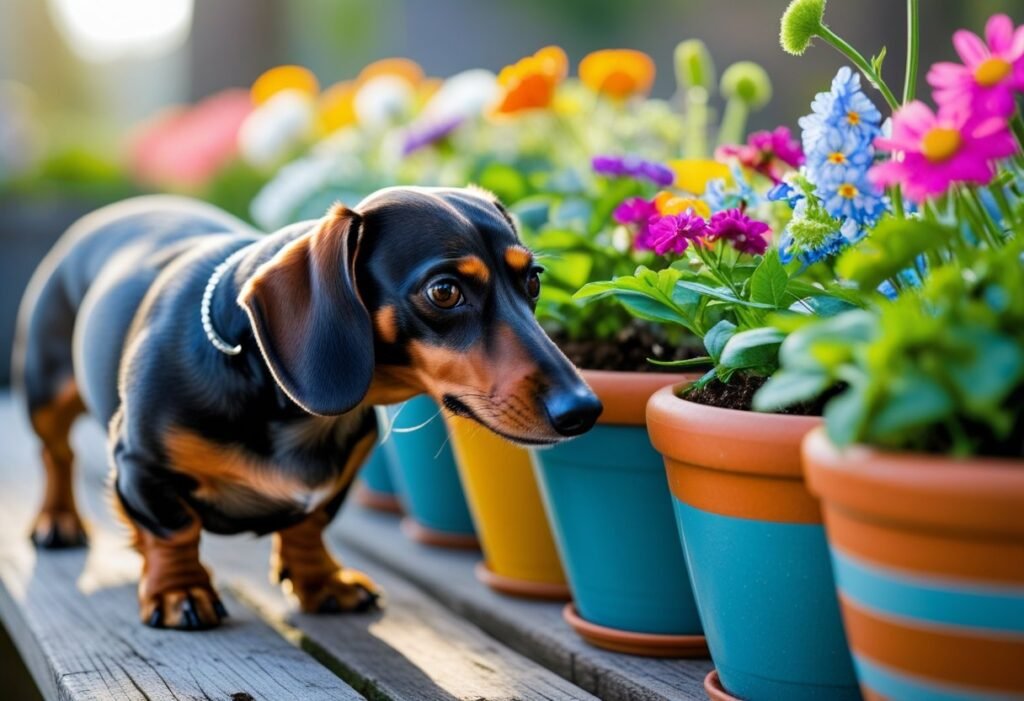 Dachshund sniffing flower pots to find hidden treats in a scent game.