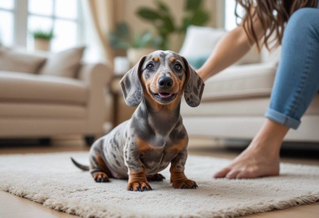 Dachshund puppy watching owner indoors, showing deaf dachshund care with visual cues.