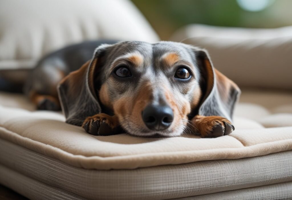 Senior Dachshund resting on orthopedic bed, highlighting comfort in deaf dachshund care.